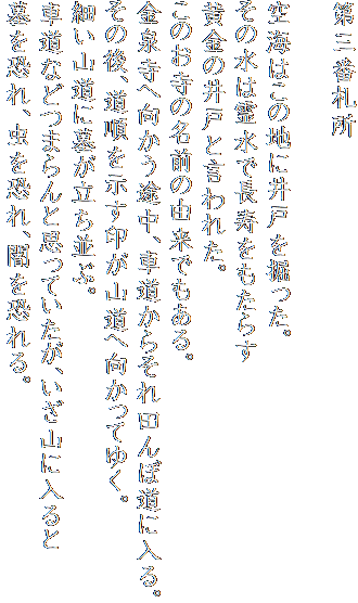 第三番札所

空海はこの地に井戸を掘った。
その水は霊水で長寿をもたらす
黄金の井戸と言われた。
このお寺の名前の由来でもある。
金泉寺へ向かう途中、車道からそれ田んぼ道に入る。
その後、道順を示す印が山道へ向かってゆく。
細い山道に墓が立ち並ぶ。
車道などつまらんと思っていたが、いざ山に入ると
墓を恐れ、虫を恐れ、闇を恐れる。